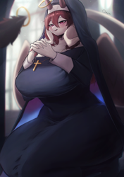 Size: 1406x2000 | Tagged: safe, artist:omeki_, bovid, goat, hybrid, mammal, anthro, 2023, bedroom eyes, breasts, detailed background, digital art, ears, eyelashes, female, fur, hair, horns, huge breasts, nun, nun outfit, nun's habit, solo, solo female, tail, thighs, wide hips, wings