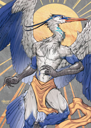 Size: 1783x2500 | Tagged: safe, artist:finbeard, bird, heron, anthro, 2024, beak, chest fluff, clothes, feathers, fluff, loincloth, male, solo, solo male, spread wings, tail, tail feathers, wings