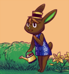 Size: 492x526 | Tagged: safe, artist:reality_undoer, lagomorph, mammal, rabbit, anthro, animal crossing, nintendo, 2d, aloha shirt, bush, clothes, flower, front view, holding, holding object, male, o'hare (animal crossing), plant, shirt, solo, solo male, standing, three-quarter view, topwear, watering can