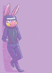 Size: 500x700 | Tagged: safe, artist:reality_undoer, snake (animal crossing), lagomorph, mammal, rabbit, anthro, animal crossing, nintendo, 2d, front view, hands behind back, male, purple background, simple background, smiling, solo, solo male, three-quarter view