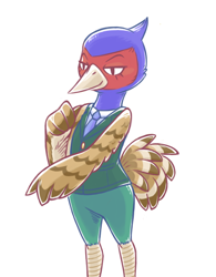 Size: 500x641 | Tagged: safe, artist:reality_undoer, bird, ostrich, anthro, animal crossing, nintendo, 2d, clothes, feathers, front view, male, necktie, phil (animal crossing), simple background, smiling, solo, solo male, suit, tail, tail feathers, three-quarter view, white background