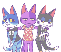 Size: 500x423 | Tagged: safe, artist:reality_undoer, bob (animal crossing), moe (animal crossing), punchy (animal crossing), cat, feline, mammal, anthro, animal crossing, nintendo, 2d, clothes, male, males only, shirt, simple background, smiling, topwear, trio, trio male, white background
