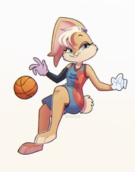 Size: 2601x3307 | Tagged: safe, artist:praquina, lola bunny (looney tunes), lagomorph, mammal, rabbit, anthro, looney tunes, space jam, space jam: a new legacy, warner brothers, 2024, 2d, ball, basketball, blonde hair, buckteeth, cheek fluff, chest fluff, clothes, cream body, cream fur, female, fluff, front view, fur, gloves, green eyes, hair, looking at you, pink nose, short tail, simple background, smiling, smiling at you, solo, solo female, tail, tail fluff, teeth, three-quarter view, white background