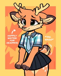 Size: 970x1213 | Tagged: safe, artist:jayrnski, oc, oc only, oc:maple (jayrnski), cervid, deer, mammal, anthro, 2024, 2d, abstract background, antlers, border, bottomwear, cheek fluff, clothes, countershading, cute, ear fluff, elbow fluff, english text, fluff, front view, fur, green eyes, happy, head fluff, neck fluff, necktie, nonbinary, outside border, shirt, short tail, skirt, solo, solo nonbinary, tail, tail fluff, tail wag, text, three-quarter view, topwear, wide hips, yellow border