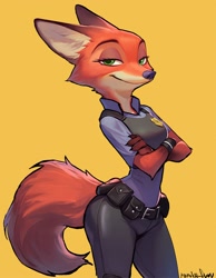 Size: 1642x2113 | Tagged: safe, artist:nonoka917, nick wilde (zootopia), canine, fox, mammal, red fox, anthro, disney, zootopia, 2024, 2d, 4 fingers, belt, breasts, cheek fluff, clothes, crossed arms, ear fluff, eyelashes, female, fluff, front view, fur, green eyes, looking at you, orange body, orange fur, police uniform, purple nose, rule 63, simple background, smiling, smiling at you, solo, solo female, tail, tail fluff, three-quarter view, vixen, yellow background
