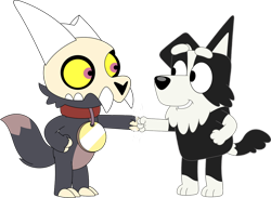 Size: 1044x765 | Tagged: safe, artist:porygon2z, king (the owl house), mackenzie (bluey), border collie, canine, collie, dog, fictional species, mammal, semi-anthro, bluey (series), disney, the owl house, 2024, 2d, bone, broken horn, collar, crossover, duo, duo male, fist bump, horn, horns, looking at each other, male, males only, on model, puppy, simple background, skull, titan, transparent background, young