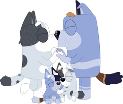Size: 972x822 | Tagged: safe, artist:porygon2z, muffin heeler (bluey), socks heeler (bluey), stripe heeler (bluey), trixie heeler (bluey), australian cattle dog, canine, dog, mammal, feral, semi-anthro, bluey (series), 2024, 2d, canon ship, cute, daughter, eyes closed, family, father, father and child, father and daughter, female, group, hug, husband, husband and wife, kissing, male, male/female, married couple, mature, mature female, mature male, mother, mother and daughter, mother and father, on model, parents, raised leg, shipping, siblings, simple background, sister, sisters, smiling, standing, transparent background, wife