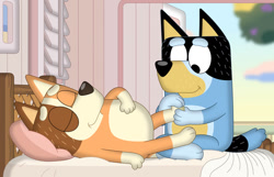 Size: 1115x717 | Tagged: safe, artist:porygon2z, bandit heeler (bluey), chilli heeler (bluey), australian cattle dog, canine, dog, mammal, semi-anthro, bluey (series), 2024, 2d, bed, blanket, canon ship, duo, eyes closed, female, husband, husband and wife, lying down, male, male/female, married couple, massage, mature, mature female, mature male, on back, on model, pillow, shipping, smiling, wife