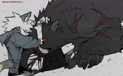 Size: 1809x1126 | Tagged: safe, artist:moux, boar, canine, mammal, suid, wolf, anthro, black body, black fur, duo, duo male, fangs, fur, male, males only, red eyes, sharp teeth, teeth, white body, white fur