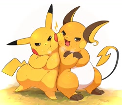 Size: 1361x1172 | Tagged: safe, artist:doribo 93, fictional species, mammal, pikachu, raichu, rodent, feral, nintendo, pokémon, 2024, 2d, ambiguous gender, ambiguous only, brown eyes, casual nudity, complete nudity, countershading, crossed arms, cute, duo, duo ambiguous, ears, front view, fur, long ears, looking at each other, nudity, open mouth, orange body, pink tongue, simple background, socks (leg marking), tail, tongue, unamused, white background, white belly, white body, white fur, yellow body, yellow fur