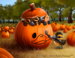 Size: 1009x773 | Tagged: safe, artist:cryptid-creations, bird, duck, waterfowl, feral, ambiguous gender, ambiguous only, butt, cryptid-creations is trying to murder us, cute, group, halloween, holiday, jack-o-lantern, marker, plant, pumpkin, pun, simplistic cloaca, tree, visual pun