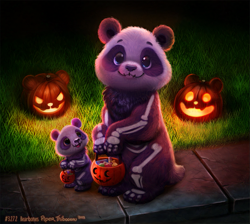 Size: 1185x1062 | Tagged: safe, artist:cryptid-creations, bear, mammal, panda, semi-anthro, ambiguous gender, ambiguous only, candy, cute, duo, duo ambiguous, food, halloween, holiday, jack-o-lantern, open mouth, open smile, pumpkin, pun, smiling, trick or treat, visual pun