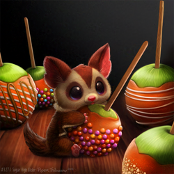 Size: 1000x1000 | Tagged: safe, artist:cryptid-creations, mammal, marsupial, possum, sugar glider, feral, ambiguous gender, apple, candy, candy apple, caramel, caramel apple, cute, food, fruit, halloween, holiday, licking, pun, solo, solo ambiguous, tongue, tongue out, visual pun, whiskers
