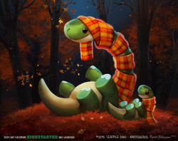 Size: 1028x814 | Tagged: safe, artist:cryptid-creations, apatosaurus, dinosaur, sauropod, feral, ambiguous gender, ambiguous only, autumn, clothes, cute, duo, duo ambiguous, leaf, lying down, on back, plant, scarf, smiling, tree, young