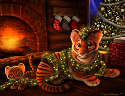 Size: 1050x811 | Tagged: safe, artist:cryptid-creations, big cat, feline, mammal, tiger, feral, ambiguous gender, ambiguous only, christmas, christmas tree, conifer tree, cub, duo, duo ambiguous, fire, fireplace, holiday, lying down, ornaments, present, prone, smiling, tree, whiskers, young
