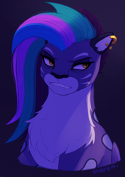 Size: 1940x2746 | Tagged: safe, artist:maren, big cat, feline, leopard, mammal, snow leopard, feral, hasbro, my little pony, my little pony g5, spoiler:my little pony g5, 2024, allura (mlp), angry, aq bars, ear piercing, earring, female, gritted teeth, high res, jewelry, piercing, simple background, solo, solo female, teeth, winged big cat