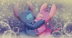 Size: 1080x565 | Tagged: safe, artist:domenica lagana, angel (lilo & stitch), stitch (lilo & stitch), alien, experiment (lilo & stitch), fictional species, anthro, disney, lilo & stitch, antennae, antennae marking, back spines, blue body, blue fur, blue nose, body markings, bubbles, claws, dipstick antennae, duo, ear marking, ears, eyes closed, female, finger claws, fingers, fluff, fur, head fluff, head marking, kissing, long antennae, love, male, multicolored antennae, multiple arms, multiple limbs, pink body, purple nose, raised inner eyebrows, romantic couple, shipping, short tail, sparkles, tail, torn ear