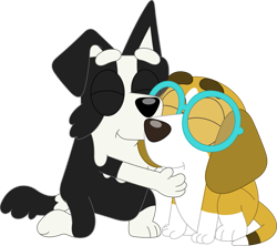 Size: 949x842 | Tagged: safe, artist:porygon2z, honey (bluey), mackenzie (bluey), beagle, border collie, canine, collie, dog, mammal, semi-anthro, bluey (series), 2d, cute, duo, female, glasses, hug, male, on model, puppy, round glasses, simple background, smiling, transparent background, young
