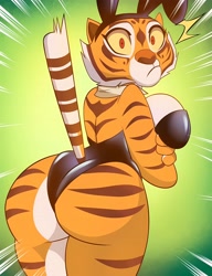Size: 3684x4796 | Tagged: suggestive, artist:grimphantom, master tigress (kung fu panda), big cat, feline, mammal, tiger, anthro, dreamworks animation, kung fu panda, 2024, big breasts, big butt, black stripes, breasts, bunny ears, bunny suit, butt, clothes, colored sclera, ears, embarrassed, female, fur, leotard, looking at you, multicolored body, multicolored fur, orange body, orange eyes, orange fur, paws, raised tail, shocked, shocked expression, sideboob, simple background, solo, solo female, striped fur, striped tail, stripes, tail, thick thighs, thighs, tigress, white body, white fur, wide hips, yellow sclera