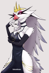 Size: 720x1080 | Tagged: safe, artist:roksodraws, stella (vivzmind), bird, demon, fictional species, galliform, peafowl, anthro, hazbin hotel, helluva boss, 2024, arm under breasts, bottomwear, breasts, choker, cleavage, clothes, colored sclera, crown, dress, eyeshadow, feathers, female, fishtail dress meme, gloves, headwear, hips, jewelry, long gloves, makeup, mature, mature female, pink sclera, regalia, smiling, solo, solo female, tail, tail feathers
