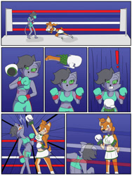 Size: 750x1000 | Tagged: safe, artist:hallowthorn, oc, oc only, canine, cervid, deer, mammal, wolf, bottomwear, boxing, boxing gloves, boxing ring, bruised, clothes, comic, duo, exclamation point, female, gloves, shorts, sports bra, sports shorts, topwear, uppercut