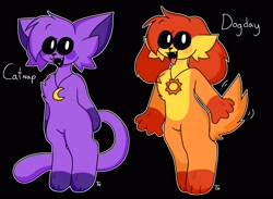 Size: 2978x2180 | Tagged: safe, artist:thunderheart728, catnap (smiling critters), dogday (smiling critters), canine, cat, dog, feline, mammal, anthro, poppy playtime, smiling critters, black background, cheek fluff, chest fluff, duo, fluff, fur, male, orange body, purple body, simple background, tail, tail fluff, tail wag