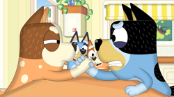 Size: 3525x1962 | Tagged: safe, artist:porygon2z, bandit heeler (bluey), bingo heeler (bluey), bluey heeler (bluey), chilli heeler (bluey), australian cattle dog, canine, dog, mammal, semi-anthro, bluey (series), arm wrestling, daughter, family, father, father and child, father and daughter, female, husband, husband and wife, male, married couple, mature, mature female, mature male, mother, mother and daughter, mother and father, on model, parents, siblings, sister, sisters, wife