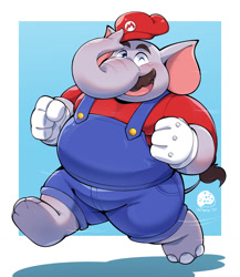Size: 1112x1280 | Tagged: safe, artist:uwsponge, mario (mario), elephant, mammal, anthro, mario (series), nintendo, 2024, 2d, barefoot, blue eyes, blushing, border, clothes, facial hair, front view, gloves, gray body, hat, headwear, male, moustache, one eye closed, open mouth, overalls, pink tongue, running, signature, solo, solo male, super mario bros. wonder, three-quarter view, tongue, ungulate, white border, winking
