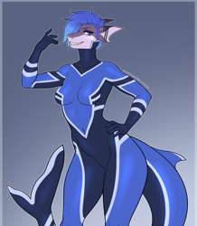 Size: 1000x1145 | Tagged: safe, artist:kitsunewaffles, oc, oc only, fish, shark, anthro, 2024, border, breasts, clothes, commission, digital art, ears, eyelashes, female, fins, fish tail, hair, scales, shark tail, simple background, solo, solo female, suit, tail, thighs, wide hips