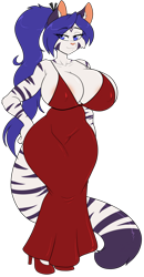 Size: 1382x2666 | Tagged: suggestive, artist:skidd, oc, oc only, big cat, feline, mammal, tiger, anthro, 2024, areola, areola slip, bedroom eyes, bottomwear, breasts, clothes, commission, digital art, dress, ears, eyelashes, female, fur, hair, high heels, huge breasts, nipple outline, shoes, simple background, solo, solo female, tail, thighs, transparent background, wide hips
