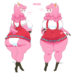 Size: 1500x1538 | Tagged: suggestive, artist:cherrikissu, reese (animal crossing), alpaca, mammal, anthro, animal crossing, nintendo, 2019, apron, big breasts, big butt, blush sticker, blushing, breasts, butt, camelid, character name, clothes, dot eyes, female, fluff, front view, fur, heart, lidded eyes, mature, mature female, neck fluff, open mouth, open smile, panties, pink body, pink fur, presenting ass, rear view, shirt, signature, simple background, smiling, solo, solo female, speech bubble, tail, text, topwear, underwear, white background