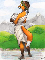 Size: 600x794 | Tagged: safe, artist:nalina, oc, oc only, canine, fox, mammal, red fox, anthro, plantigrade anthro, 2005, 2d, barefoot, blue eyes, brown body, brown fur, cheek fluff, chin fluff, clothes, countershading, detailed background, dipstick tail, ears, elbow fluff, female, fluff, fur, gloves (arm marking), greece, greek, hair, leg fluff, long tail, looking back, multicolored body, multicolored fur, orange body, orange fur, outdoors, pencil drawing, pottery, rear view, shoulder fluff, socks (leg marking), solo, solo female, standing in water, tail, tail fluff, three-quarter view, traditional art, water, white body, white countershading, white fur, white tail tip