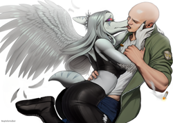 Size: 1410x1001 | Tagged: safe, artist:hospitallerinaboat, fang (goodbye volcano high), oc, oc:anon, dinosaur, human, mammal, anthro, goodbye volcano high, 2024, boots, bottomwear, breasts, cigarette, clothes, eyeshadow, feathered wings, feathers, female, footwear, french kiss, human/anthro, interspecies, jewelry, lidded eyes, makeup, male, male/female, midriff, necklace, pants, shoes, snoot game, tank top, topwear, wings