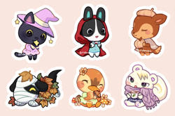 Size: 1000x666 | Tagged: safe, artist:ariamisu, dotty (animal crossing), fauna (animal crossing), kiki (animal crossing), lucky (animal crossing), marshal (animal crossing), molly (animal crossing), bird, canine, cat, deer, dog, duck, feline, lagomorph, mammal, rabbit, rodent, squirrel, waterfowl, semi-anthro, animal crossing, nintendo, 2d, autumn, bandage, beret, blushing, bottomwear, candy, clothes, cute, doe, dress, drink, eyes closed, female, flower, flower on head, food, group, hat, headwear, holding candy, holding cup, holding food, holding object, hoodie, hot chocolate, leaf, male, marshmallow, mushroom, open mouth, open smile, paw pads, paws, pumpkin, signature, sitting, smiling, sticker, topwear, vegetables