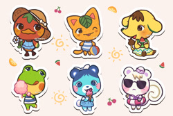 Size: 800x533 | Tagged: safe, artist:ariamisu, henry (animal crossing), marshal (animal crossing), tangy (animal crossing), amphibian, bear, bird, cat, duck, elephant, feline, frog, mammal, rodent, squirrel, waterfowl, semi-anthro, animal crossing, nintendo, 2d, ball, beach ball, blep, bluebear (animal crossing), bottomwear, bow, cherry, clothes, cotton candy, cute, double outline, dress, eloise (animal crossing), female, flower, food, fruit, glasses, group, hair bow, hat, headwear, holding, holding flower, holding food, holding object, ice cream, ice cream cone, inner tube, ketchup (animal crossing), licking, licking lips, male, one eye closed, open mouth, open smile, orange, plant, signature, smiling, standing, sticker, sun hat, sunglasses, thumbs up, tongue, tongue out, ungulate, watermelon, winking