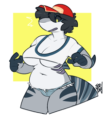 Size: 1080x1239 | Tagged: suggestive, artist:sorimori, fish, shark, 2019, baseball cap, belly, belly button, breasts, cap, clothes, crop top, cropped shirt, female, hat, headwear, micro shorts, midriff, revealing clothing, solo, solo female, topwear, underboob, wide hips