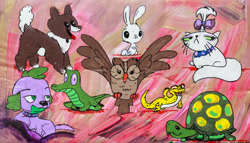 Size: 1023x585 | Tagged: safe, artist:aquilateagle, angel bunny (mlp), gummy (mlp), opalescence (mlp), owlowiscious (mlp), spike (mlp), tank (mlp), winona (mlp), alligator, bird, bird of prey, border collie, canine, cat, collie, crocodilian, dog, feline, gecko, lagomorph, leopard gecko, lizard, mammal, owl, rabbit, reptile, tortoise, feral, equestria girls, friendship is magic, hasbro, my little pony, 2d, bow, collar, female, frowning, group, hair bow, male, on model, one eye closed, open mouth, open smile, painting, ray (mlp), smiling, tongue, tongue out, traditional art, winking