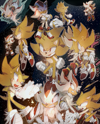 Size: 813x1000 | Tagged: safe, artist:fumomo, shadow the hedgehog (sonic), sonic the hedgehog (sonic), hedgehog, mammal, sega, sonic adventure 2, sonic the hedgehog (series), clothes, duo, duo male, fangs, flippers, footwear, fur, gloves, gold bracelet, male, males only, multicolored body, multicolored fur, outline, red body, red eyes, red fur, sharp teeth, shoes, space, stars, super shadow, super sonic, tail, teeth, two toned body, two toned fur, yellow body, yellow fur