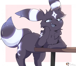 Size: 2052x1796 | Tagged: safe, artist:soulsongrocs, oc, oc:hoshi (soulsongrocs), canine, eeveelution, fictional species, mammal, umbreon, feral, nintendo, pokémon, 2024, black body, black fur, black nose, border, chest fluff, colored tongue, digital art, ear fluff, ears, fangs, fluff, front view, fur, gray eyes, gray sclera, gray tongue, head fluff, long ears, looking at you, male, open mouth, outside border, paws, pink background, sharp teeth, signature, simple background, smug, solo, solo male, table, tail, tail fluff, teeth, three-quarter view, tongue, white border