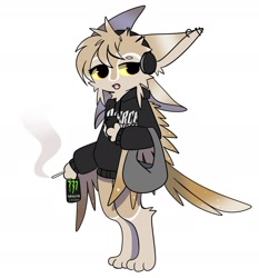 Size: 1755x1885 | Tagged: safe, artist:fathomfloof, oc, oc:raka (rakarakasai), avali, fictional species, anthro, 2024, 4 ears, bag, black clothing, black hoodie, cell phone, cigarette, clothes, colored sclera, commission, container, digital art, ear piercing, energy drink, feathers, female, fur, hair, headphones, headwear, hoodie, industrial piercing, looking at you, monster energy, multiple ears, open mouth, orange eyes, paws, phone, piercing, simple background, smartphone, smoke, solo, solo female, tan body, tan feathers, tan fur, topwear, white background, winged arms, wings, yellow sclera