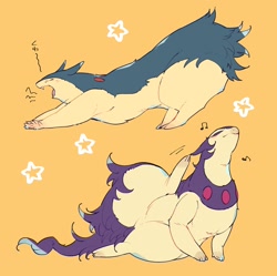 Size: 1530x1522 | Tagged: safe, artist:batten12_ik, fictional species, hisuian typhlosion, mammal, mustelid, typhlosion, feral, nintendo, pokémon, 2024, ambiguous gender, starter pokémon, stretching, thick thighs, thighs, wide hips, yawning