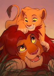 Size: 645x900 | Tagged: safe, artist:azzai, kiara (the lion king), simba (the lion king), big cat, feline, lion, mammal, feral, disney, the lion king, 2024, 2d, 4 toes, colored sclera, cream body, cream fur, cute, daughter, depth of field, duo, father, father and child, father and daughter, female, fur, hair, happy, lioness, looking at each other, male, mane, open mouth, open smile, orange body, orange fur, outdoors, pink nose, pink tongue, red eyes, red hair, red mane, signature, smiling, teeth, tongue, watermark, yellow sclera