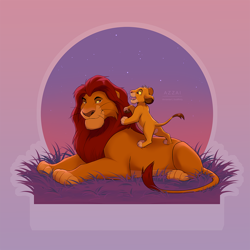 Size: 900x900 | Tagged: safe, artist:azzai, mufasa (the lion king), simba (the lion king), big cat, feline, lion, mammal, feral, disney, the lion king, 2024, 2d, 4 toes, brown nose, brown paw pads, cheek fluff, colored sclera, cub, cute, duo, duo male, father, father and child, father and son, fluff, fur, grass, hair, head fluff, looking at each other, lying down, male, males only, mane, open mouth, open smile, orange body, orange fur, paw pads, pink nose, pink tongue, prone, red eyes, red hair, red mane, signature, smiling, son, stars, teeth, tongue, yellow body, yellow fur, yellow sclera, young