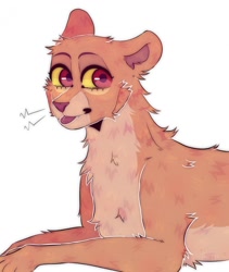 Size: 1078x1280 | Tagged: safe, artist:hottdoqq, kiara (the lion king), big cat, feline, lion, mammal, feral, disney, the lion king, 2d, back fluff, blep, cheek fluff, chest fluff, colored sclera, cream body, cream fur, ear fluff, female, fluff, front view, fur, head fluff, leg fluff, lioness, lying down, neck fluff, pink nose, pink tongue, prone, red eyes, simple background, solo, solo female, three-quarter view, tongue, tongue out, white background, yellow sclera