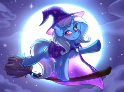 Size: 3500x2600 | Tagged: safe, artist:yuris, trixie (mlp), equine, fictional species, mammal, pony, unicorn, friendship is magic, hasbro, my little pony, blushing, broom, cape, clothes, cute, female, flying, flying broomstick, frog (hoof), g4, halloween, hat, headwear, high res, holiday, hooves, looking at you, mare, moon, night, nightmare night, sky, smiling, solo, trixie's cape, trixie's hat, underhoof