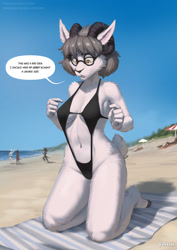 Size: 905x1280 | Tagged: safe, artist:foxovh, oc, oc only, bovid, caprine, mammal, sheep, anthro, unguligrade anthro, 2024, beach, belly button, bikini, breasts, clothes, commission, detailed background, digital art, ears, eyelashes, female, fur, glasses, hair, hooves, horns, kneeling, looking down, sling bikini, solo, solo female, swimsuit, tail, thighs, wide hips