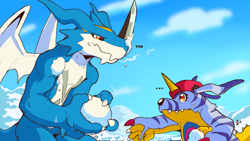Size: 1500x844 | Tagged: safe, artist:dahecksajerry, exveemon, fictional species, gabumon, semi-anthro, digimon, 2023, cap, detailed background, digital art, duo, duo male, ears, fur, hat, headwear, horn, male, males only, snow, snowball, snowball fight, tail, thighs, uh-oh, wings
