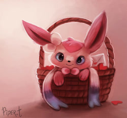 Size: 700x653 | Tagged: safe, artist:cryptid-creations, canine, eeveelution, fictional species, mammal, sylveon, feral, nintendo, pokémon, ambiguous gender, basket, container, cute, heart, signature, smiling, solo, solo ambiguous