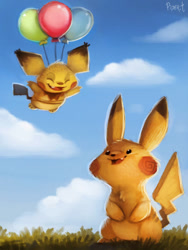 Size: 700x933 | Tagged: safe, artist:cryptid-creations, fictional species, mammal, pichu, pikachu, rodent, feral, nintendo, pokémon, ambiguous gender, ambiguous only, balloon, cloud, cute, day, duo, duo ambiguous, eyes closed, floating, grass, open mouth, open smile, signature, sky, smiling