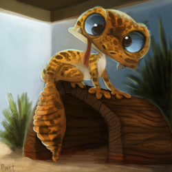 Size: 570x570 | Tagged: safe, artist:cryptid-creations, gecko, leopard gecko, lizard, reptile, feral, 1:1, ambiguous gender, blep, log, signature, solo, solo ambiguous, tongue, tongue out